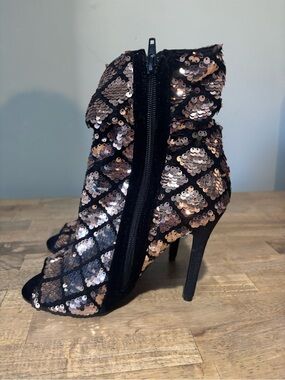 Qupid Black and Rose Gold Sequin Open Toe Heel Booties